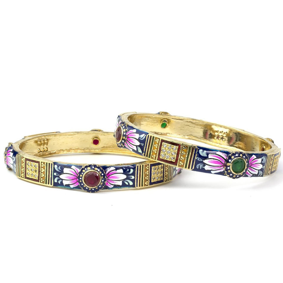 Set of 2 Traditional Hand-painted Meenakari Bracelets with Ruby-like stone for Daily Use
