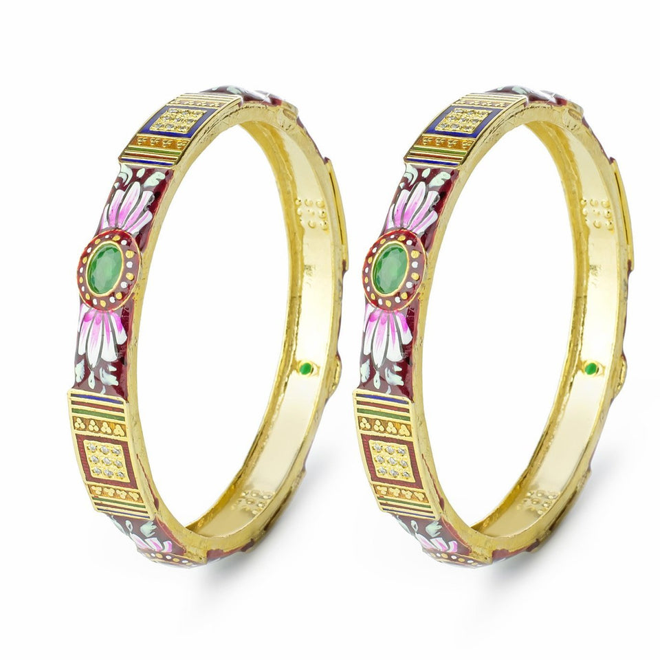 Set of 2 Traditional Hand-painted Meenakari Bracelets with Ruby-like stone for Daily Use