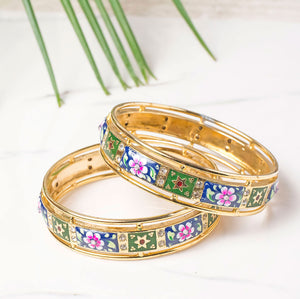 Set of 2 Broad Gold Plated Meenakari Bracelets for Partywear and Daily Use