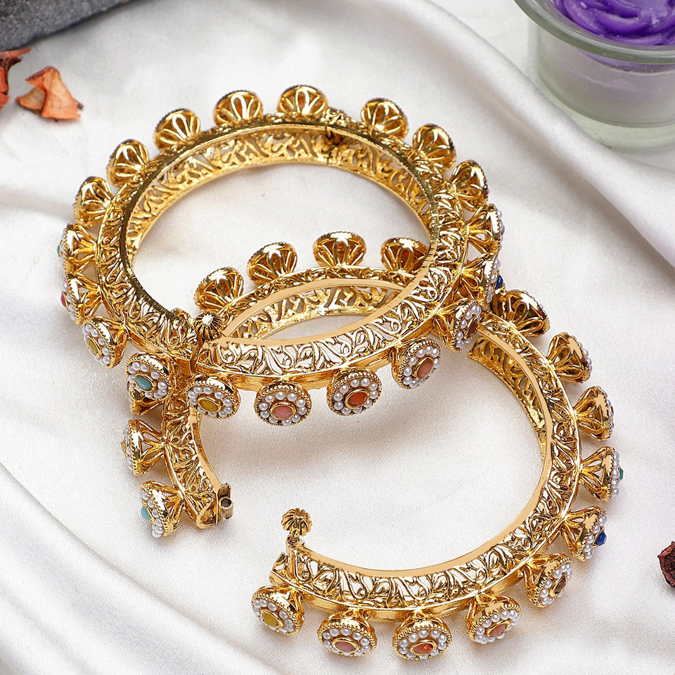 Traditional Jadau Style Rajasthani Bracelets with Stone and Beads by Leshya