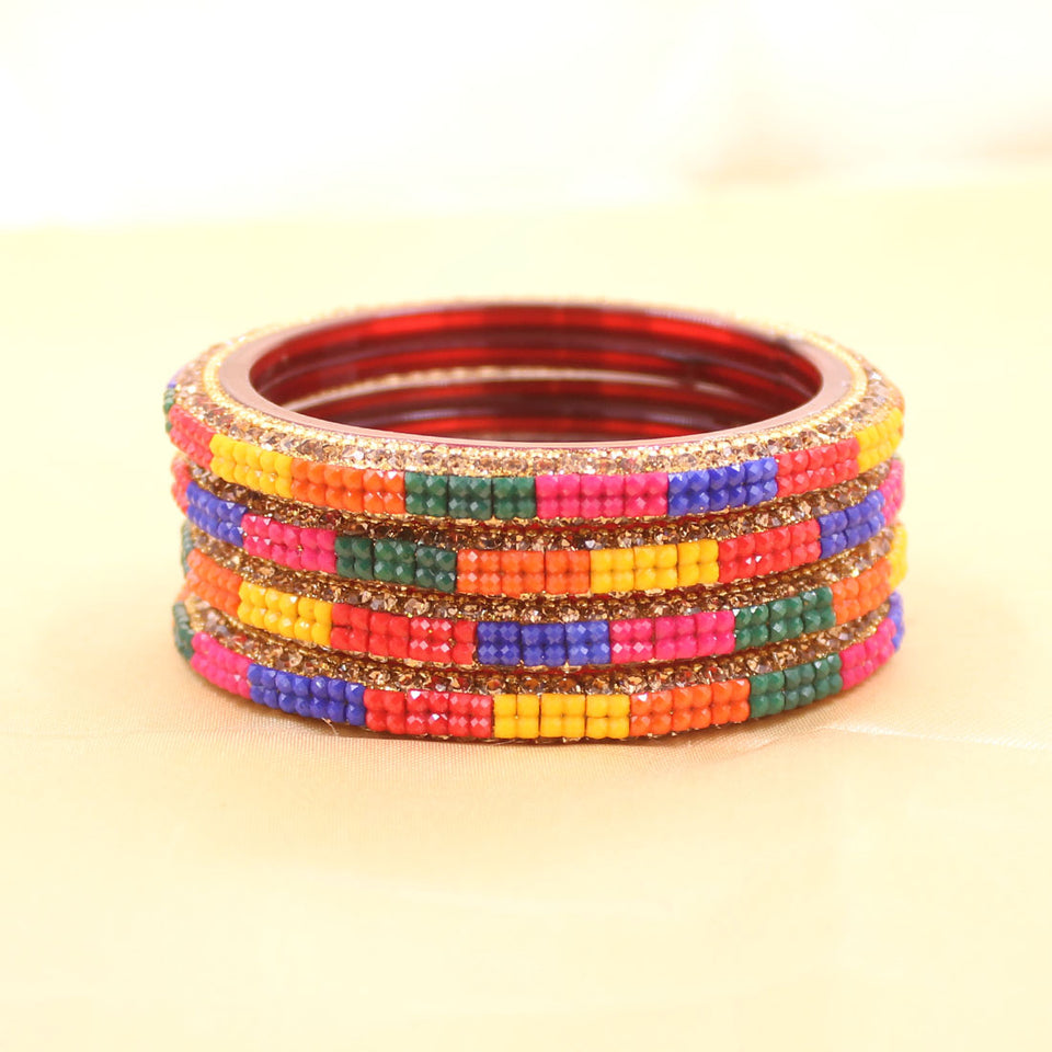 Set of 4 Glass Bangles with Check Pattern Stone by Leshya
