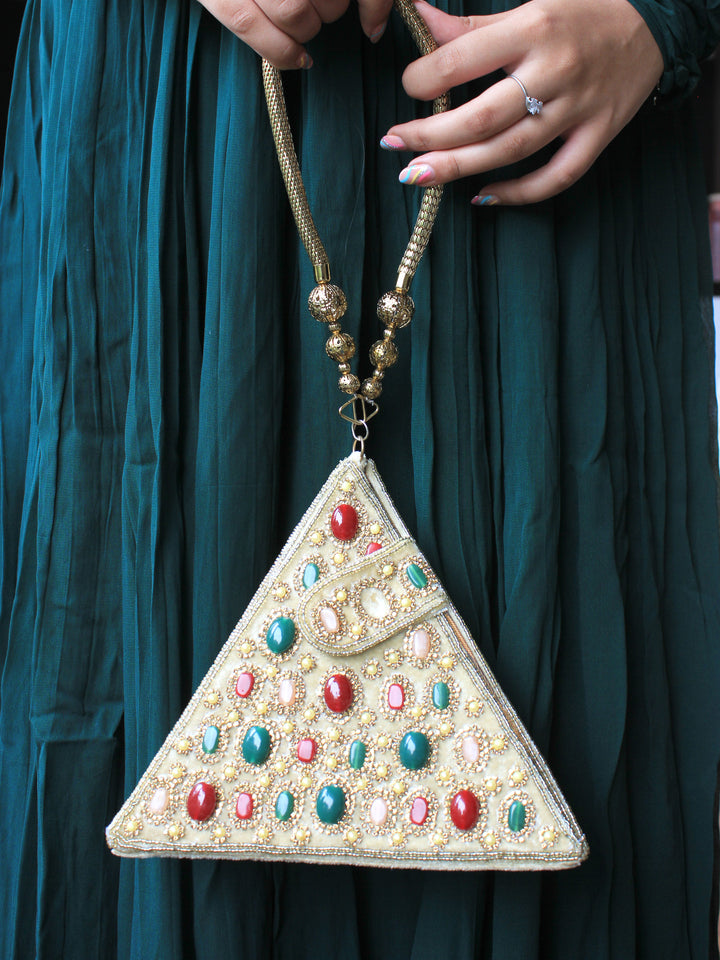 Golden Triangular Potli with embellished stones for the Bride by Leshya