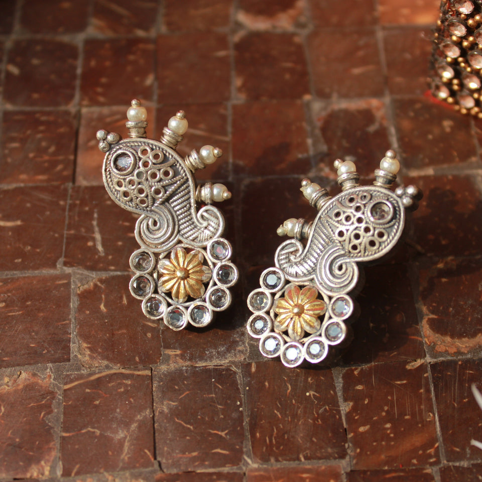 Beautiful Oxidized Silver Stud Earring with Beaded Border