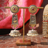 Oxidized Silver Earring with Beaded Jhumki and ruby coloured stone