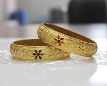 Broad Look-Like Gold Dyed Bracelet Pair With Meenakari Work