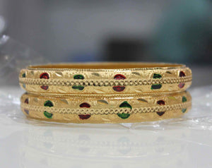 Set of 2 Gold Dyed Bracelets With Red And Green Meenakari Work