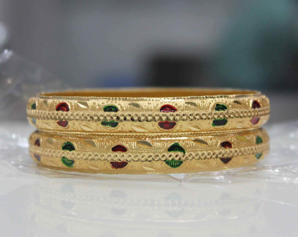 Set of 2 Gold Dyed Bracelets With Red And Green Meenakari Work (Plus Size)