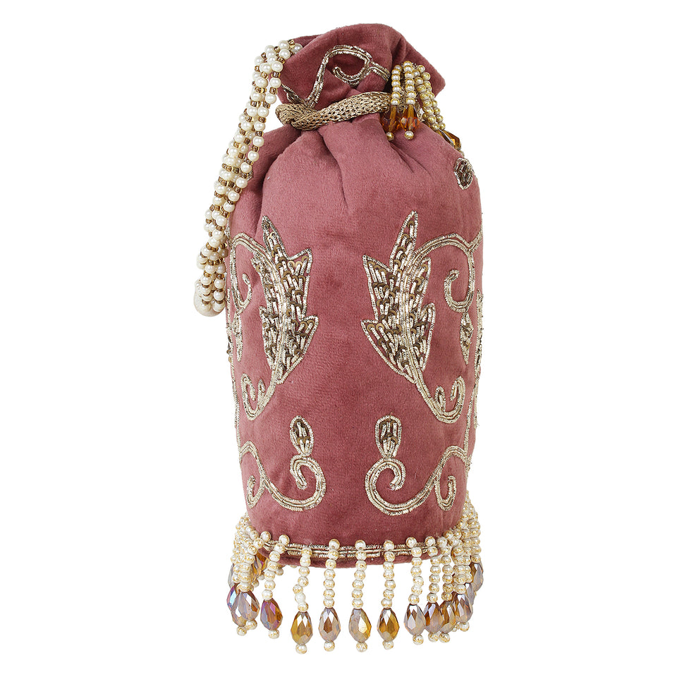 Embroided Velvet Potli with hanging beads for Bride by Leshya