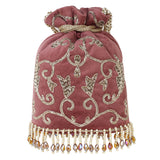 Embroided Velvet Potli with hanging beads for Bride by Leshya