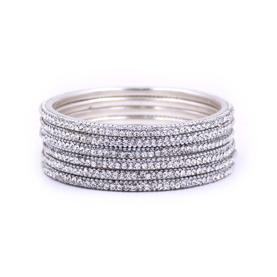 Brass Based Silver Coloured Bangles with Silver Stones by Leshya