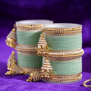 Set of 62 Velvet and Beaded Bangle set with Jhumki for both hands by Leshya