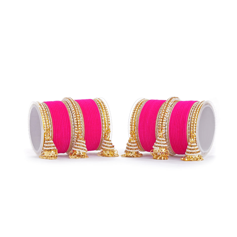 Set of 62 Velvet and Beaded Bangle set with Jhumki for both hands by Leshya