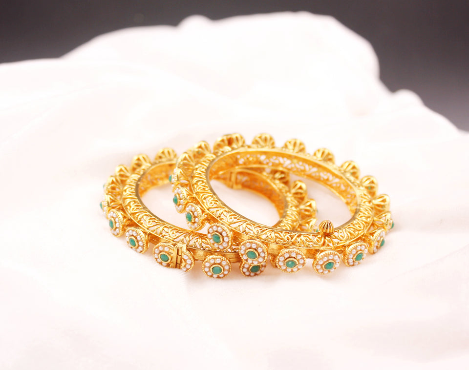 Traditional Jadau Style Rajasthani Bracelets with Stone and Beads by Leshya
