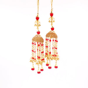 Traditional Red Jhumar Kaleere with white and Golden Moti Work by Leshya