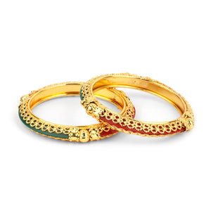 Traditional Red-Green Kada Pair with Intricate Jaaliwork Border for Women by Leshya