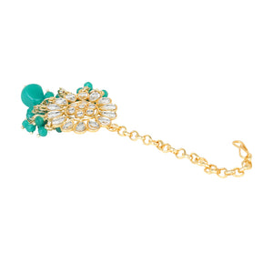 Green Kundan Beaded Necklace with Earring & Maang Tikka by Leshya