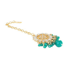 Green Kundan Beaded Necklace with Earring & Maang Tikka by Leshya