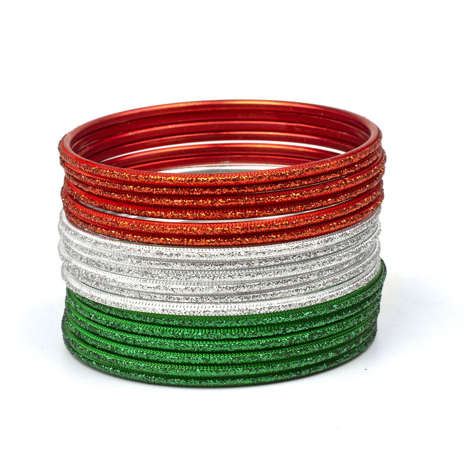 Set of 18 glitter bangles in Tricolor of Indian Flag