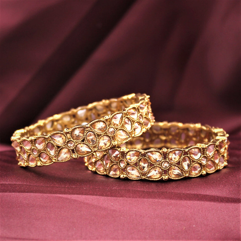 Traditional Antique Gold Bracelet Pair with Running Kundan Stones by Leshya (Plus Size)
