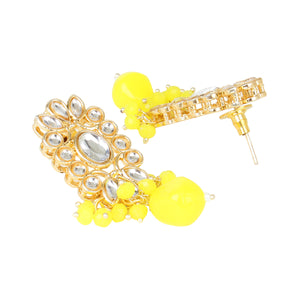 Yellow Kundan Beaded Necklace with Earring & Maang Tikka by Leshya