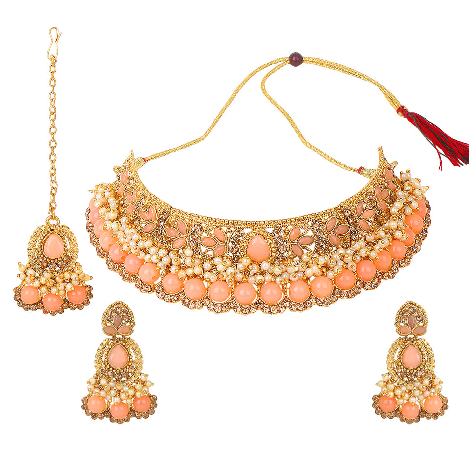 Traditional Golden Stone and Pearl Bangle Set by Leshya