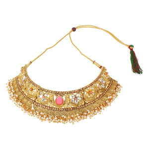 Traditional Golden Stone Jewellery Set with gajra Border by Leshya
