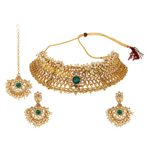 Traditional Golden Stone Jewellery Set with Green center by Leshya