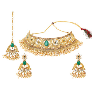 Traditional Golden Stone Jewellery Set with Green center and Kundan by Leshya