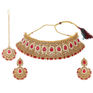 Traditional Matte Red Jewellery Set with Kundan by Leshya