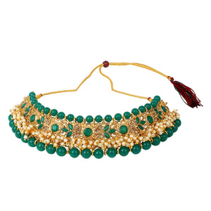 Traditional Matte Green Jewellery Set with Golden Stone by Leshya