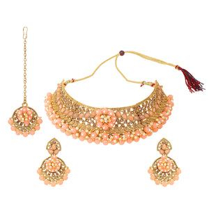 Traditional Matte Peach Jewellery Set with Golden Stone by Leshya