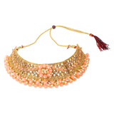 Traditional Matte Peach Jewellery Set with Golden Stone by Leshya