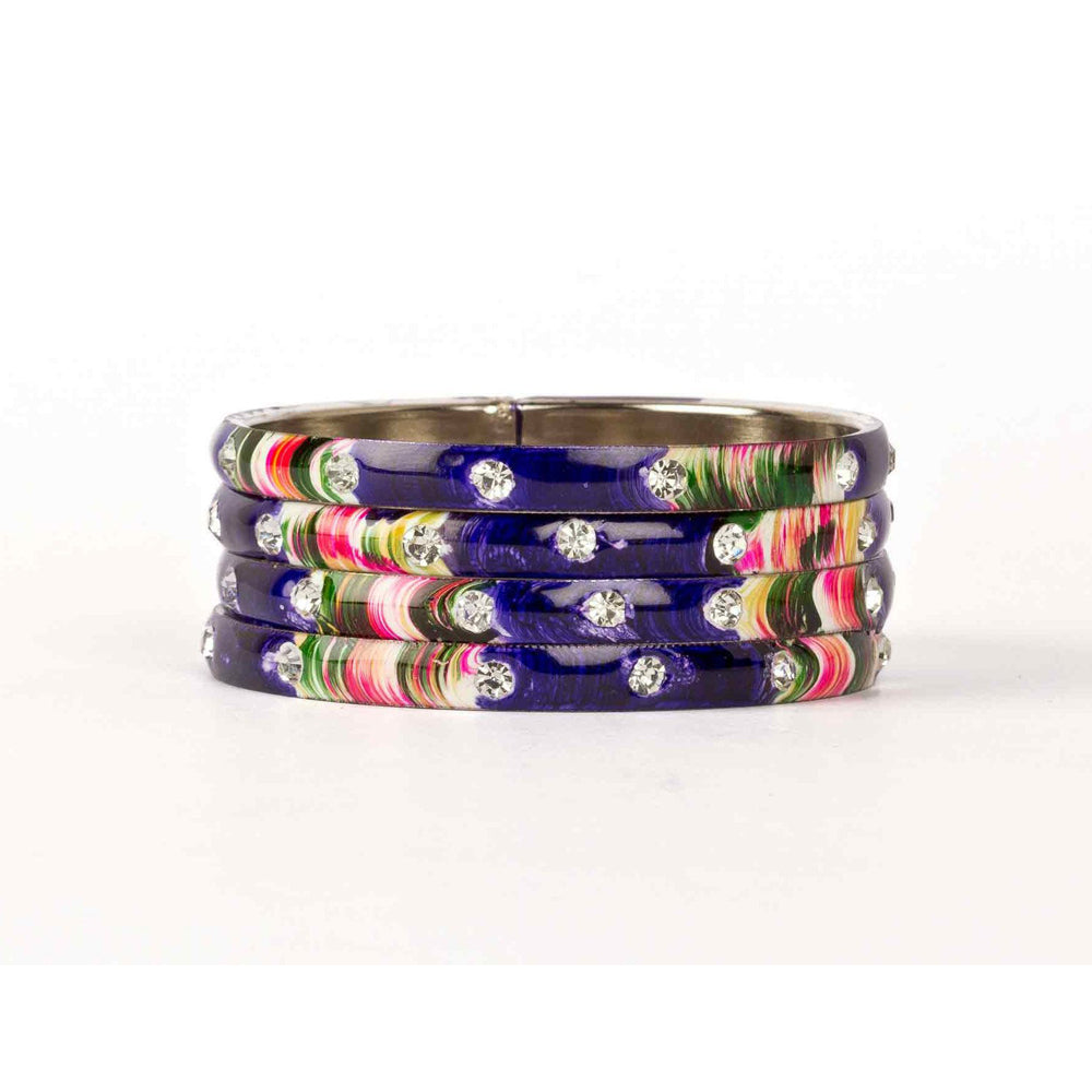 Colored Meenakari Bracelet With Hand Painted Print Design And Running Stones